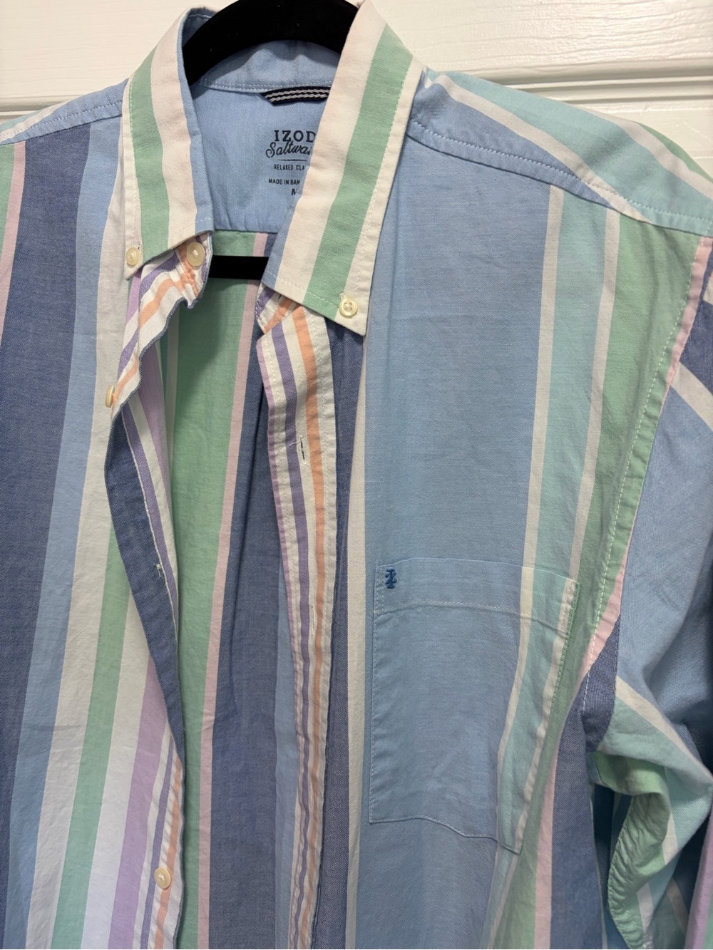 Izod Saltwater Pastel Multi-Stripe Button-Down Shirt - Light Green Blue Pink M - Picture 5 of 10